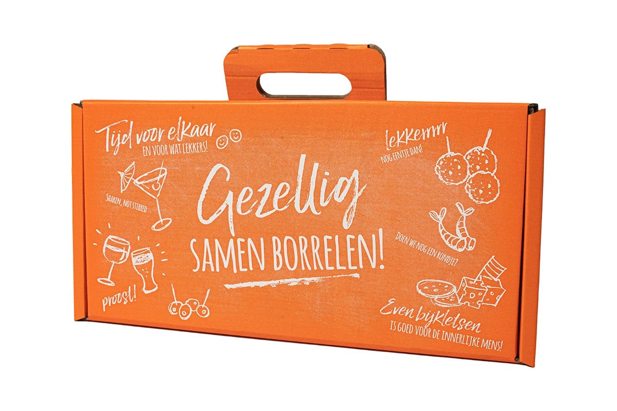 Borrelbox oranje - 390 x 200 x 120mm + handvat