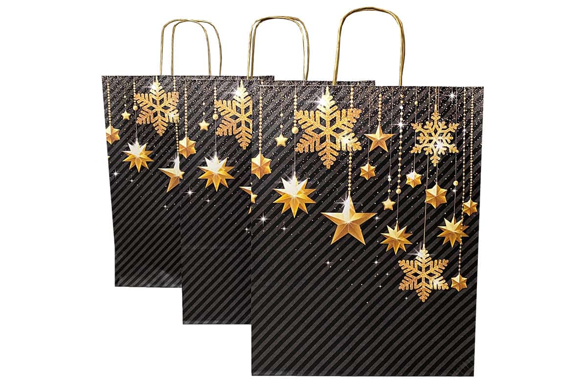 Papieren kerst draagtas zwart ster - 32 x 13 x 41cm (50 st)